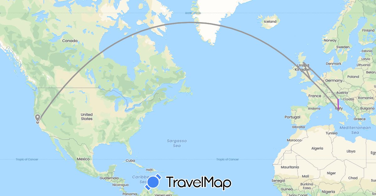 TravelMap itinerary: driving, plane, train in United Kingdom, Italy, United States (Europe, North America)